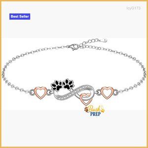 Sterling Silver Adjustable Anklet with Infinity Heart Paw Print Charm